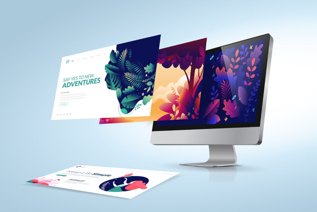 Different colourful website designs popping out of a desktop computer showing designs.