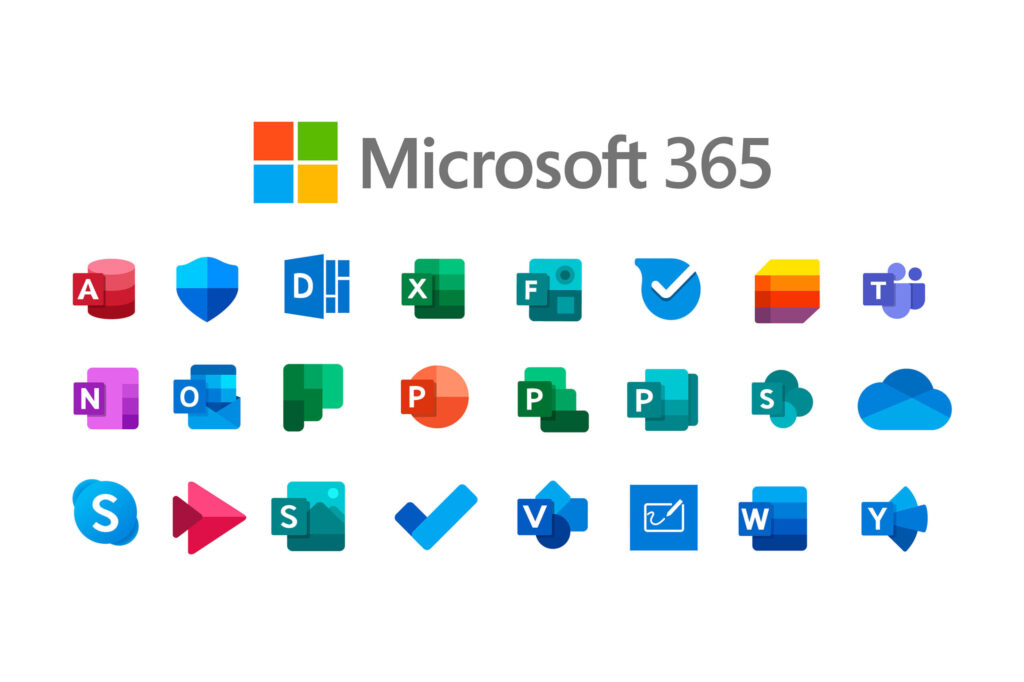 Microsoft 365 product suite with all the product logos shown.