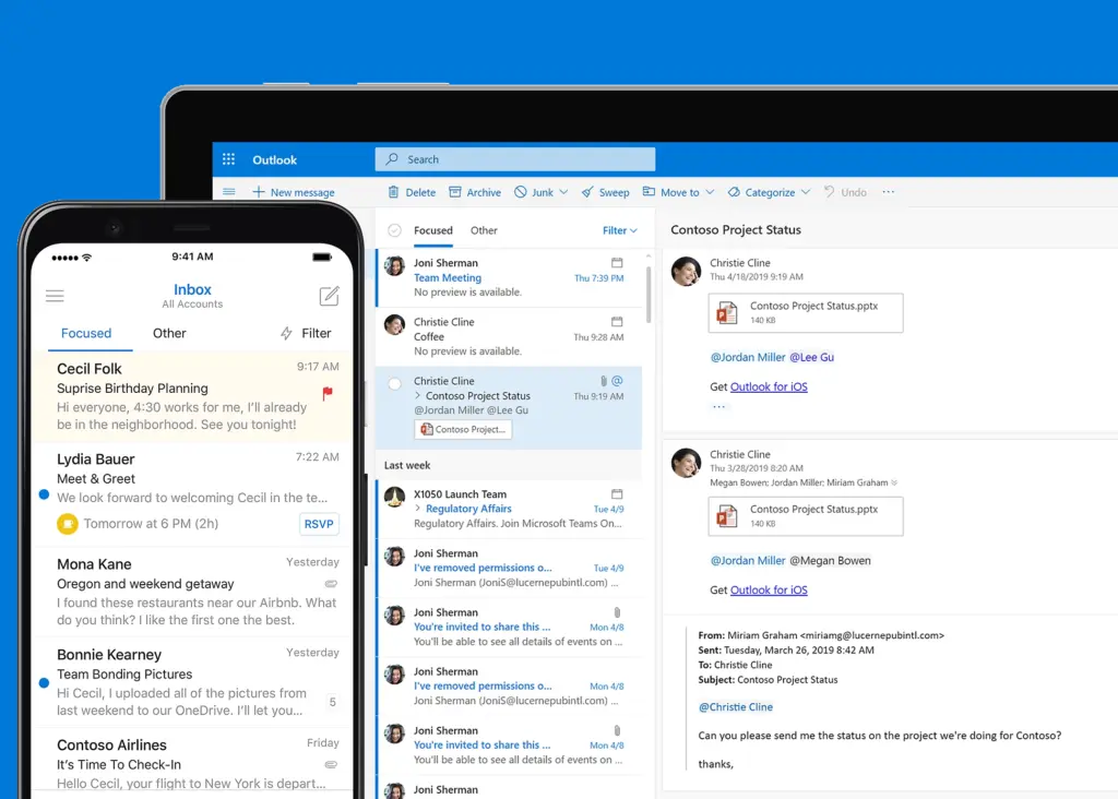 A mobile and desktop view of Microsoft Outlook, showing someone's mailbox.